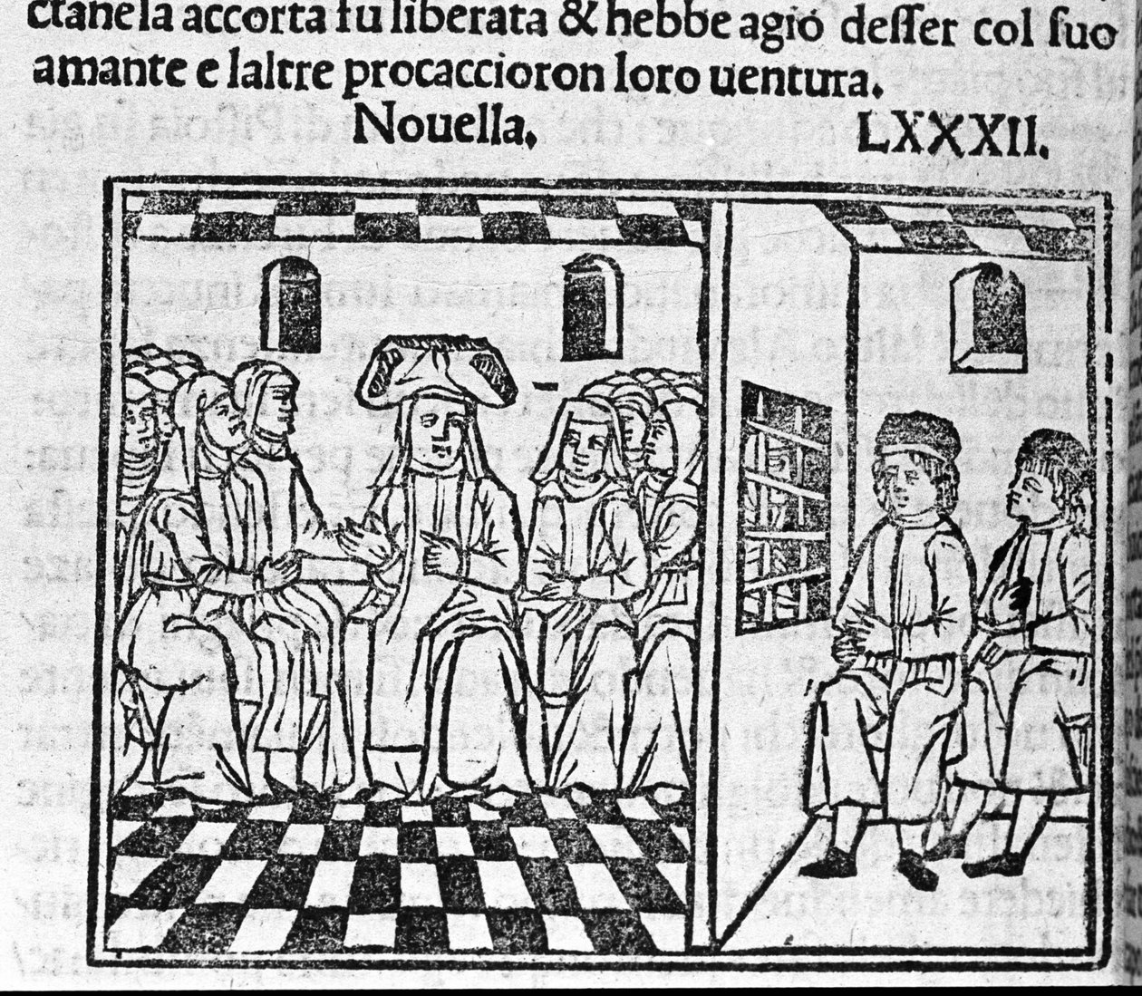 Egy apáca szerelmének története. Illusztráció a „Dekameron” 82. híréhez (a kilencedik nap új 2. számához), Giovanni Boccaccio dit Jean Boccaccio (1313-1375) olasz írótól. Gravírozás: „” Decamerone ouer Cento nouelle”” Velence, Bartolomeo de 