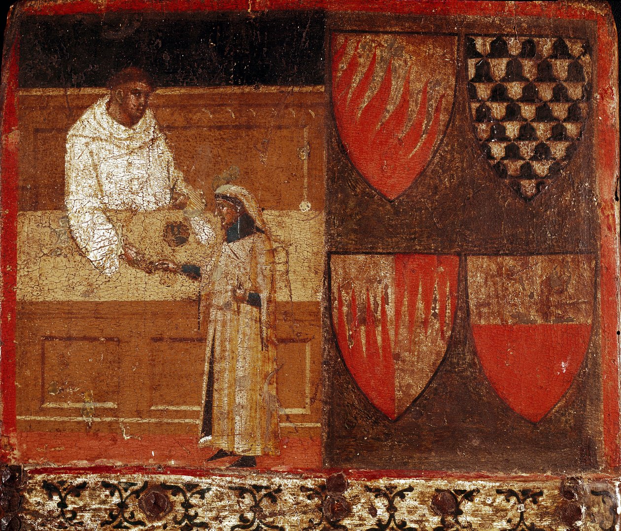 Adószedő és adófizető Névtelen festmény fára, amely egy Bicchernát díszít (Siena város számviteli anyakönyvének borítója) 1340-ből. Nemzeti Levéltár - Museo delle Tavolette de Bicherna, Siena. alkotó: Italian School