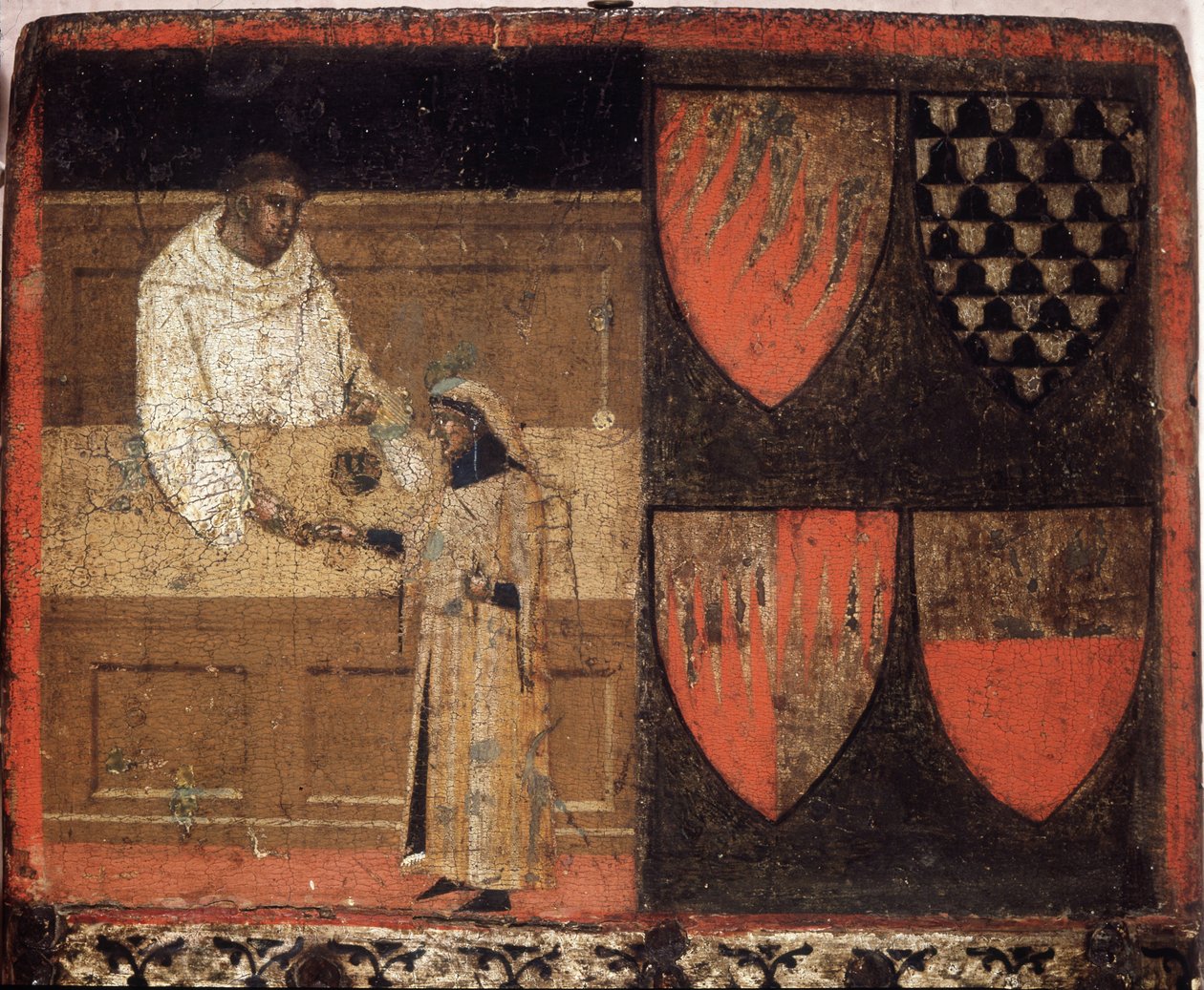 Adószedő és adófizető, Biccherna (Siena város számviteli nyilvántartásának borítója) 1340-ből. Nemzeti Levéltár - Museo delle Tavolette de Bicherna, Siena. alkotó: Italian School
