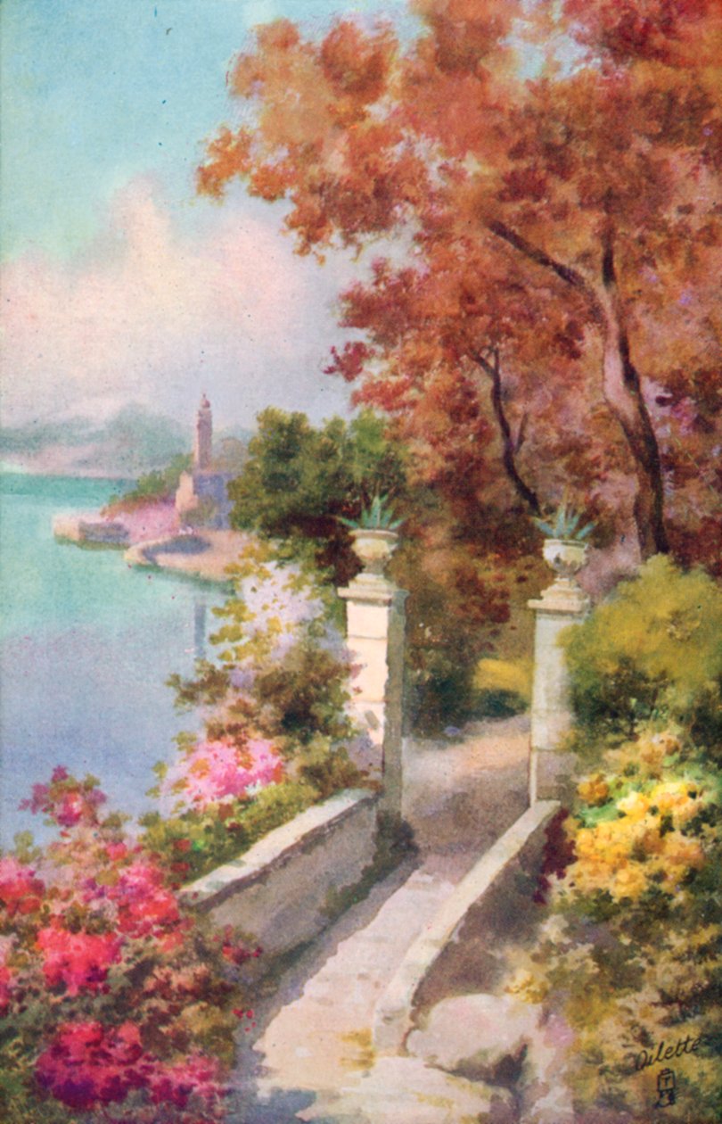 Villa a Maggiore-tónál, Olaszország (színes litográfia) alkotó: Italian School