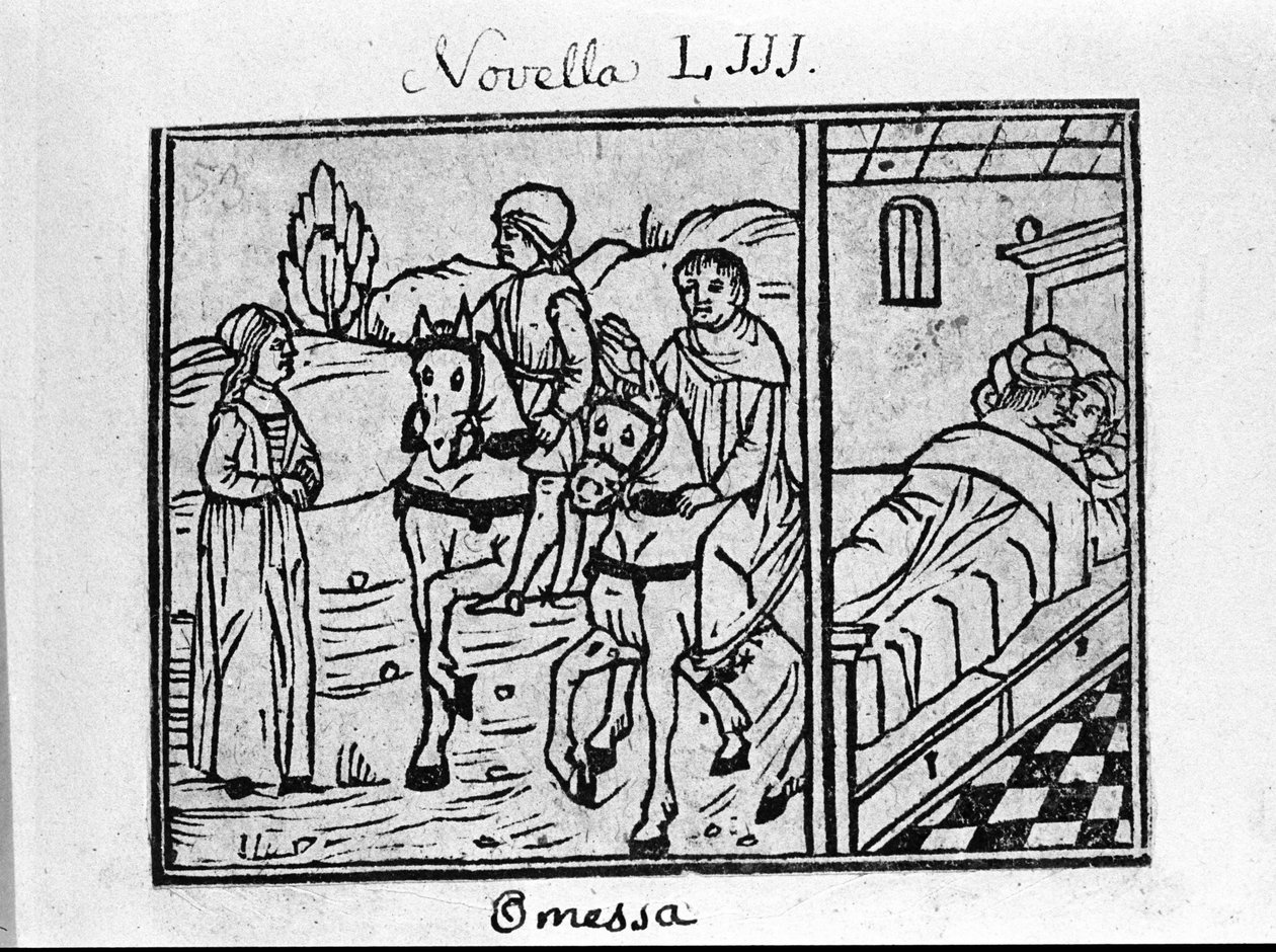 Egy nő találkozik két lovassal, és egy pár van egy szobában. Illusztráció a „Dekameron” 53. híréhez (3. hír a 6. napról), Giovanni Boccaccio dit Jean Boccaccio (1313-1375), olasz író. Metszet „” Decamerone ouer Cento nouelle”” Velence, B alkotó: Italian School