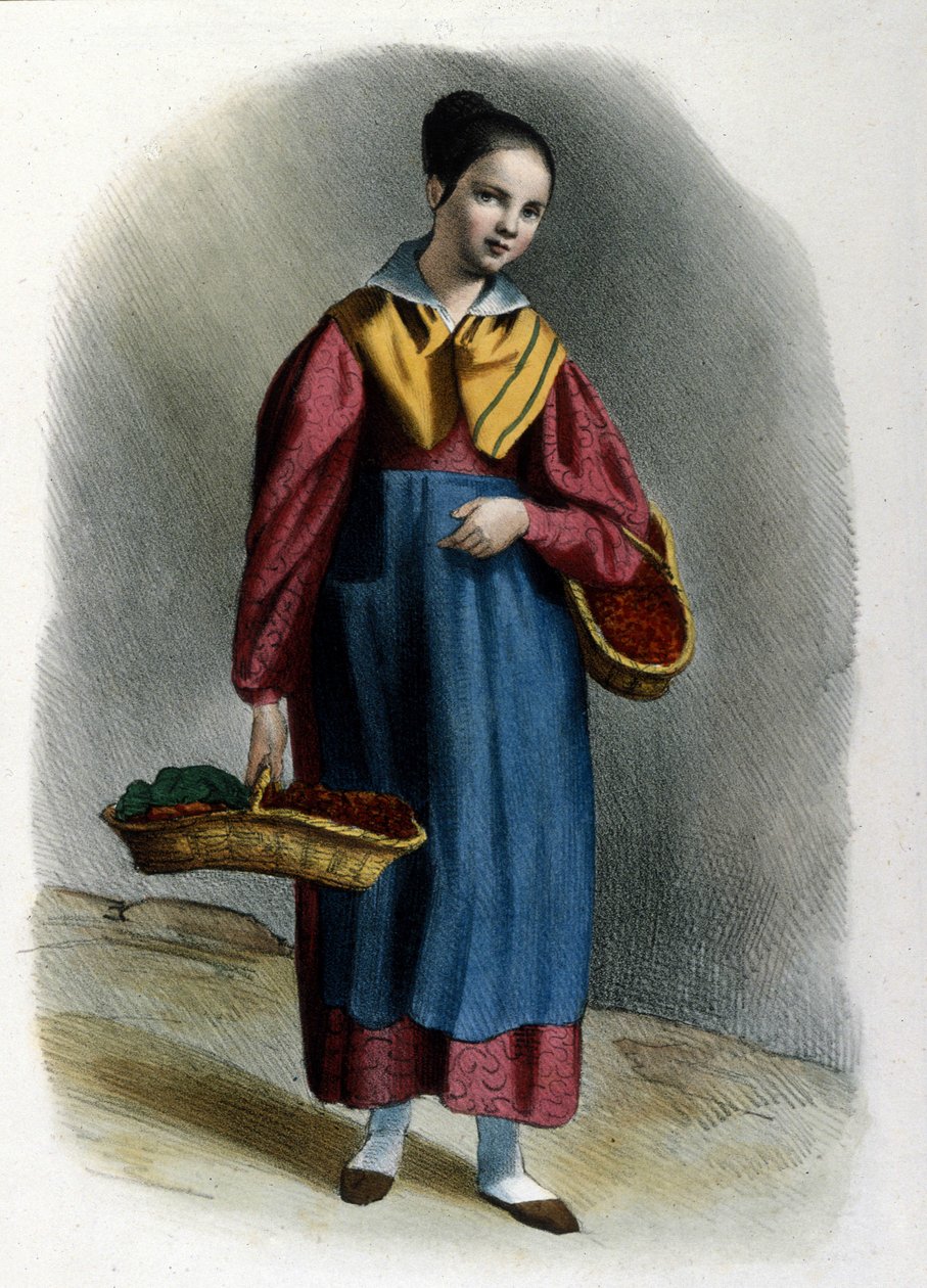 Egy fiatal vándor eper eladónő. Milánói metier locarnói metszet 1830-ból. alkotó: Italian School