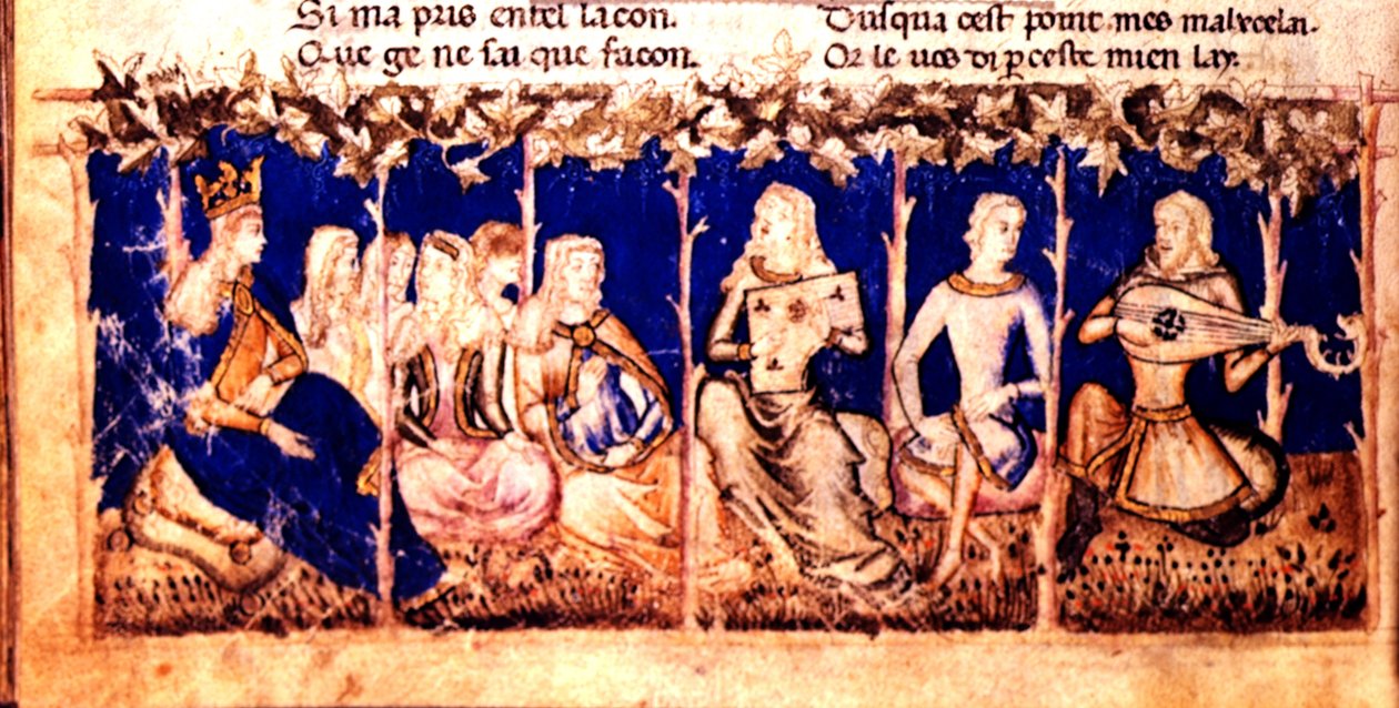 Add.12228 fol.222v Egy királynő zenét hallgat, a Roman du Roy Meliadus de Leonnoys-ból, 1352 körül (vellum) alkotó: Italian School