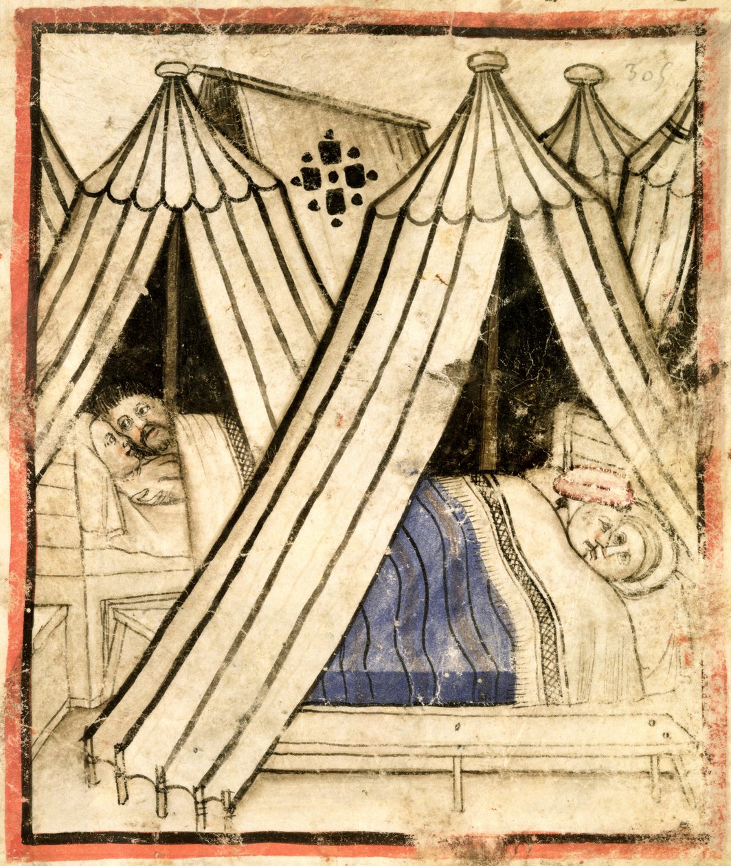 Add hozzá 15277 f.51 Az izraeliták szexuális erkölcstelenséget folytatnak a moábita nőkkel a sátraikban, 1350-99 körül (vellum) alkotó: Italian School