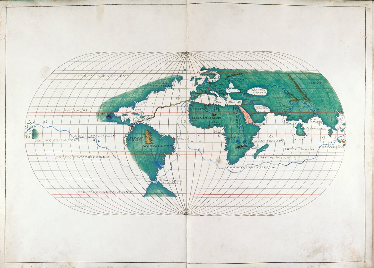 Hozzáadás. 19927, ff.12v-13 Világtérkép, illusztráció a „Portolan Atlas”-ból alkotó: Italian School