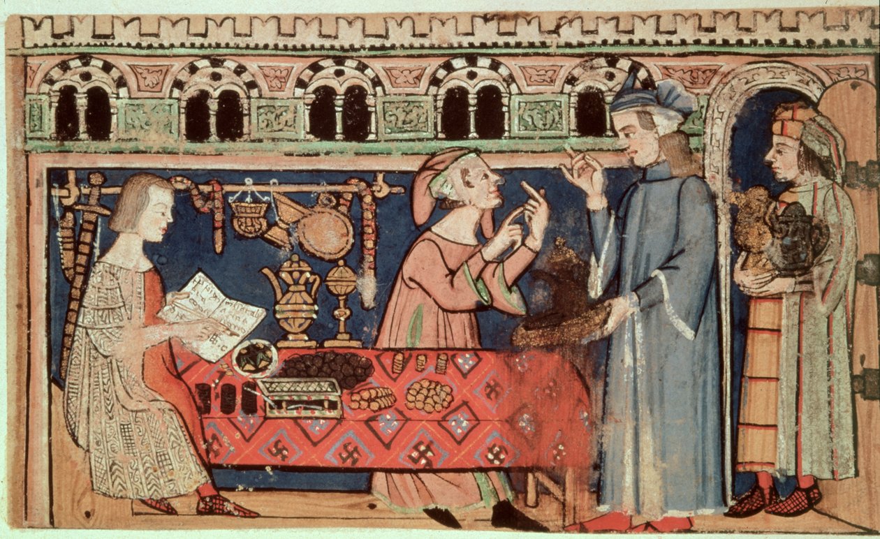 Add hozzá a 27695 f.7v The Pawnbroker-t a Traktátus a bűnökről című könyvből (vellum) alkotó: Italian School