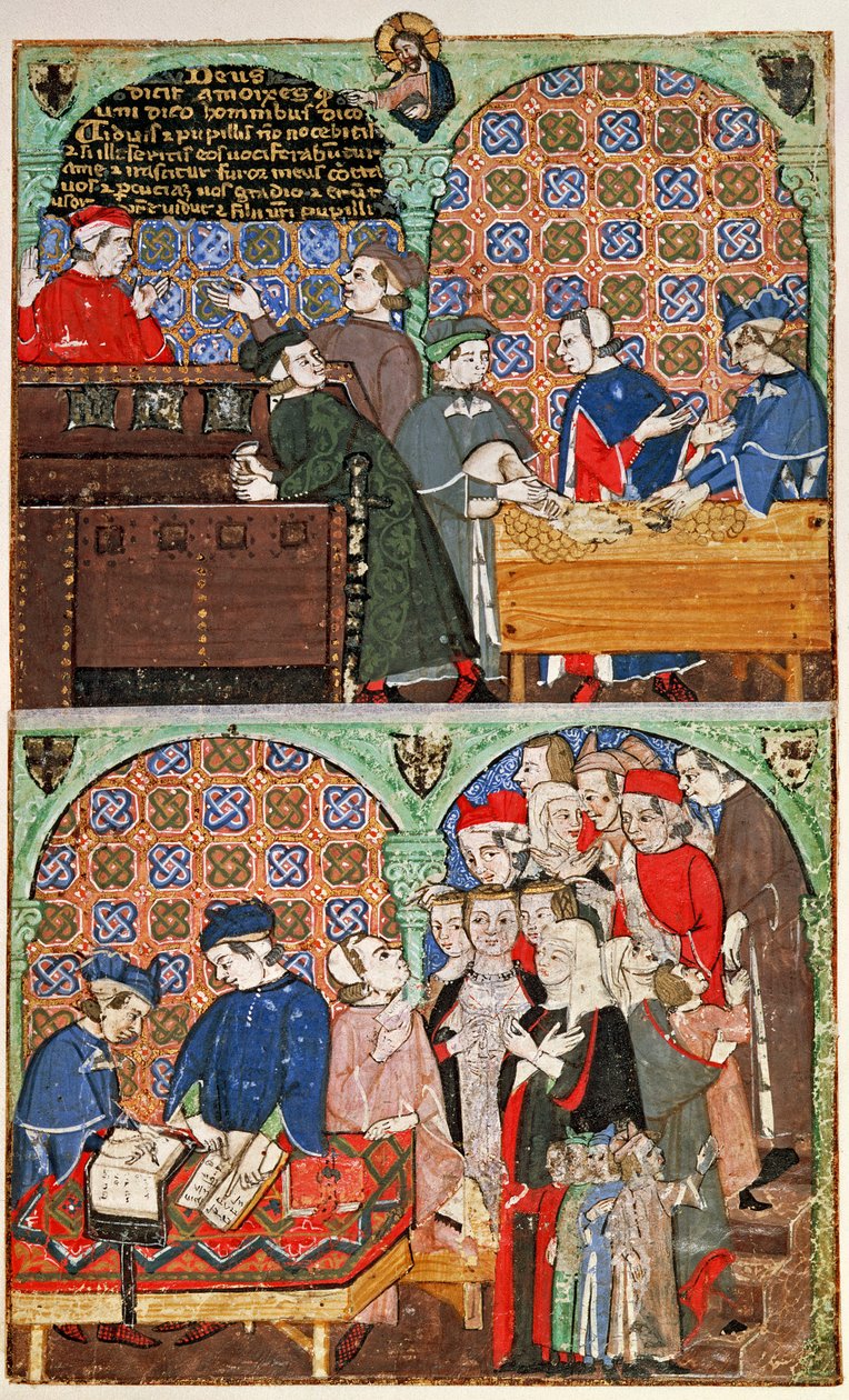 Add hozzá 27695 f.8 Pénz számolása és bérfizetés, a Traktátus a bűnökről című könyvből (vellum) alkotó: Italian School