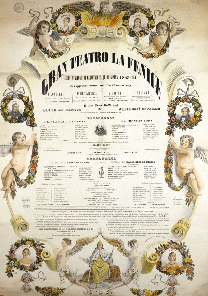 A velencei Theatre de La Fenice plakátja az 1843-1844-es szezonban. alkotó: Italian School
