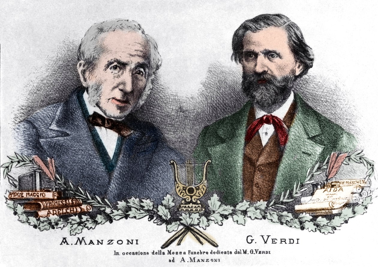 Alessandro Manzoni és Giuseppe Verdi a Messa da Requiem alkalmából (színes metszet) alkotó: Italian School