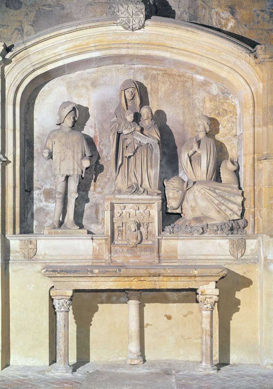 Szent Anna, a Szűz és a kisded Krisztus oltárképe Szent Mauriceszal, Szent Mártával és a Tarasque-val (Tarascon sárkánya) 1470 (kő) alkotó: Italian School