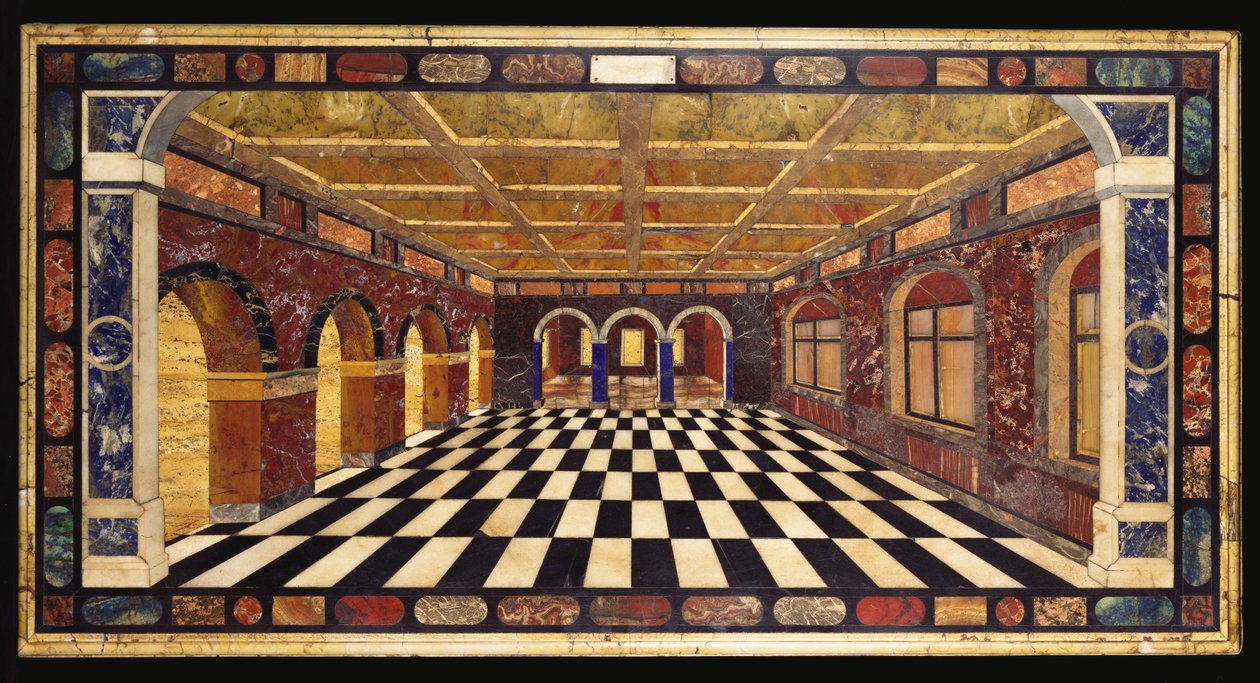 Olasz pietre dure intarziás márvány asztallap, amely egy távolodó árkádos galéria belső jelenetét ábrázolja alkotó: Italian School