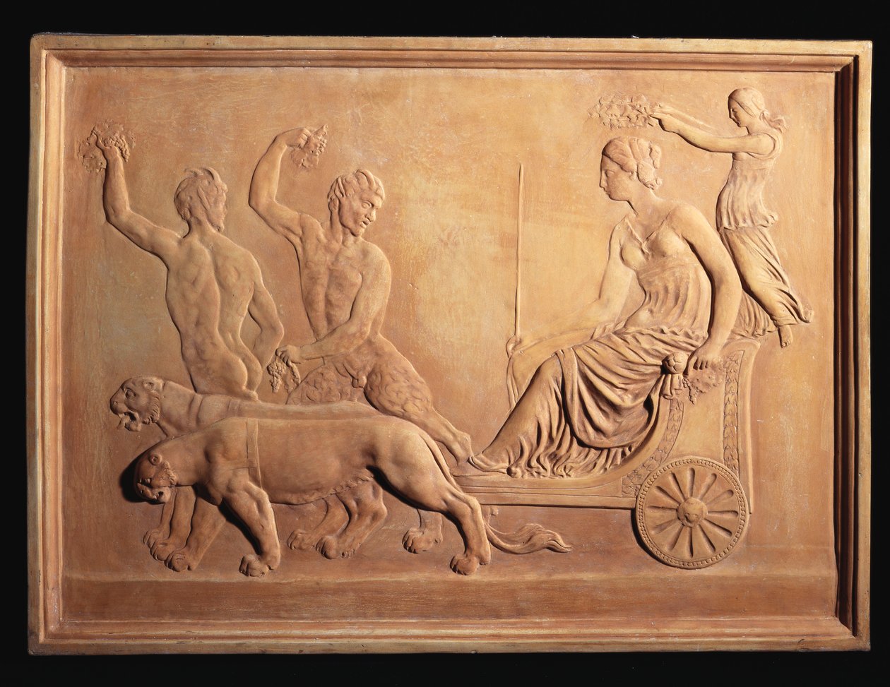 Egy olasz terrakotta dombormű, amely Ariadné diadalát ábrázolja, Bacchus" párduc húzta szekéren, Silenus és Pán nézi, 1870 körül alkotó: Italian School