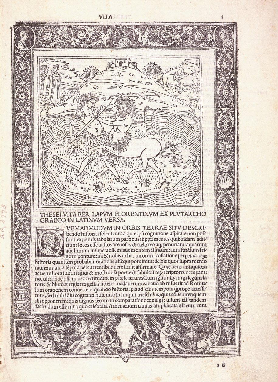 Illusztrált oldal Plutarkhosz „Párhuzamos életei” latin kiadásából, amely Thészeuszt a kentaurral harcolva ábrázolja alkotó: Italian School