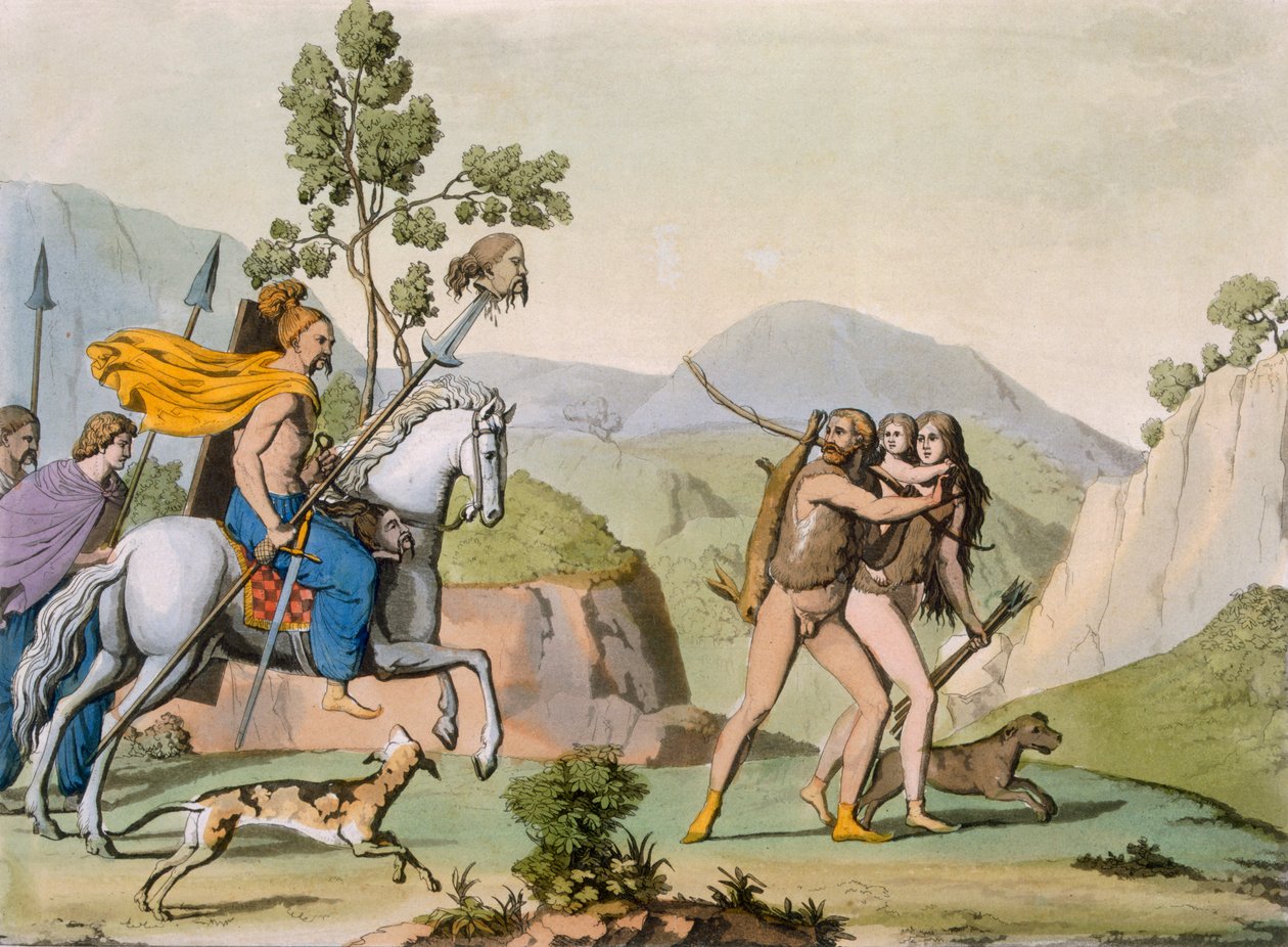 Az ókori kelta harcosok egy előretörésen találkoznak egy pár vadászaton, 1800-1818 körül (színes metszet) alkotó: Italian School