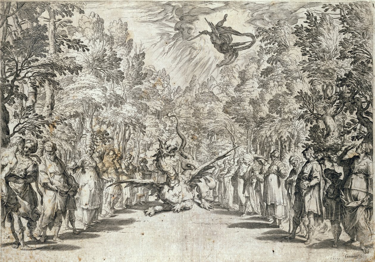Apolló megtámadni készül a pitont, Girolamo Bargagli La Pellegrinából, Carracius metszet alkotó: Italian School