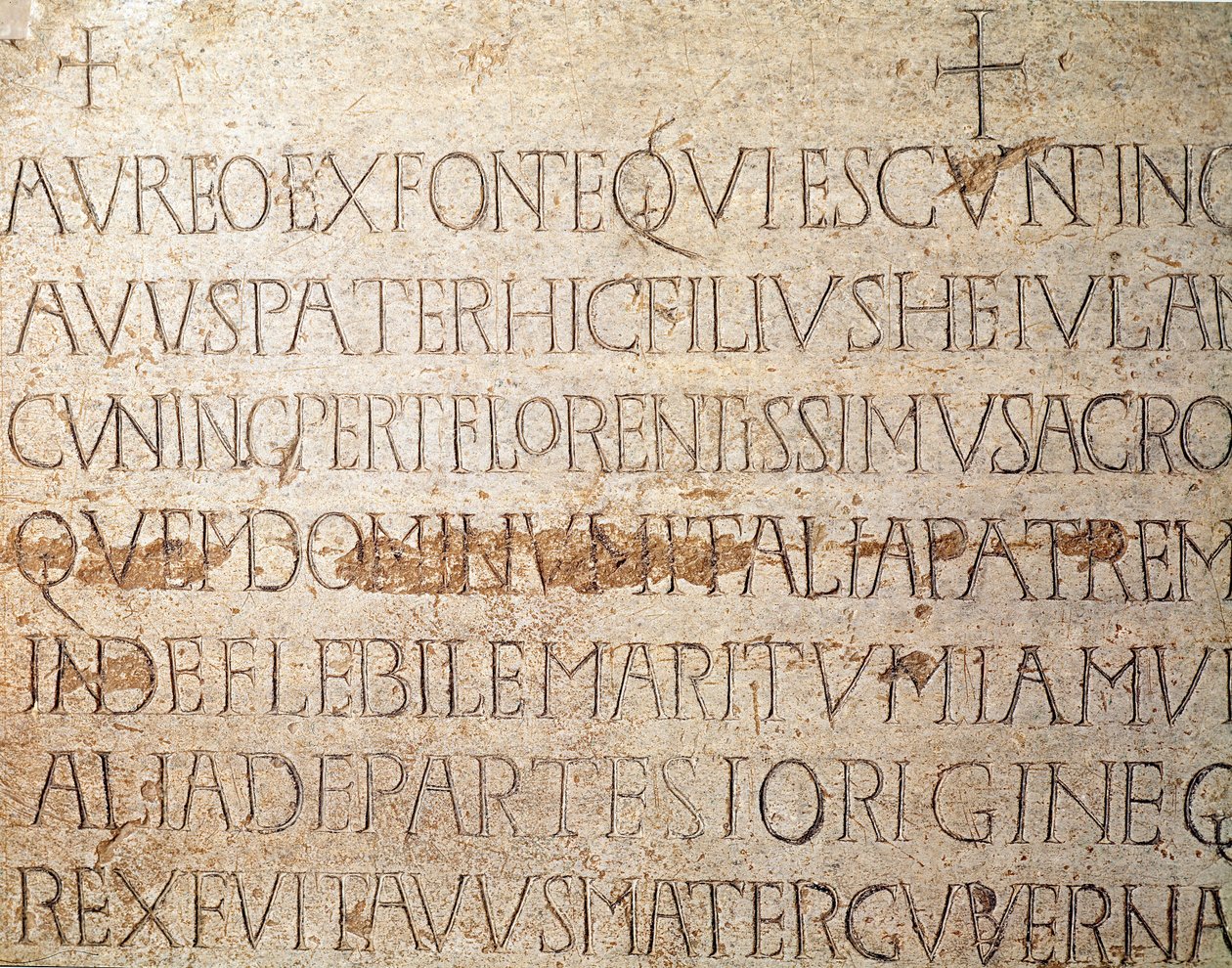 A középkor régészete (középkor). Lombardia barbár művészete: Cunipert lombard király, a jámbor néven ismert sírköve (Cuniperto, 678-700). lombard művészet. Pavia, Polgári Múzeum, Régészeti részleg (Pavia, Musei Civici, Sezione Archeologia). alkotó: Italian School