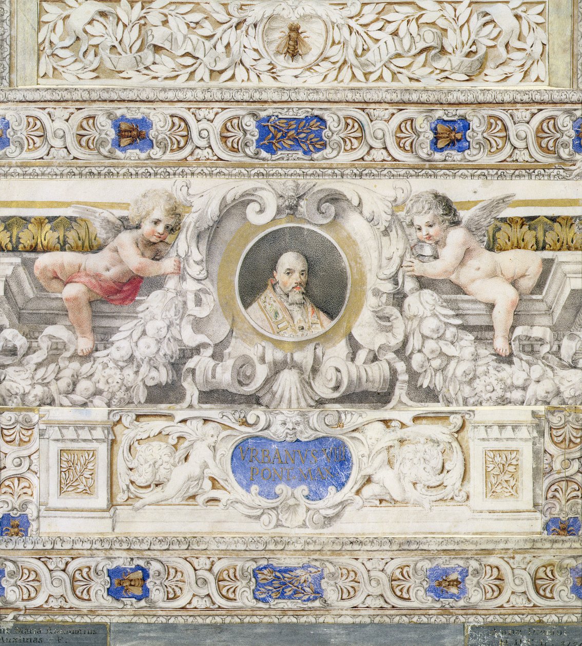 Építészeti séma VIII. Urbán pápa (1568-1644) portréjával, valószínűleg 17. századi kartonban (wc) alkotó: Italian School