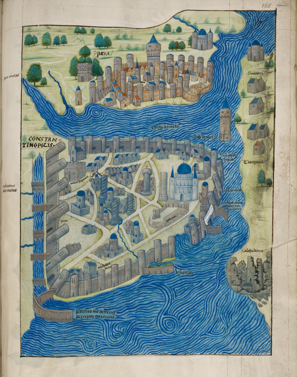 Arundel 93 fol.155 Konstantinápoly és Pera térképe, Cristoforo Buondelmonti (c.1385-c.1430), 