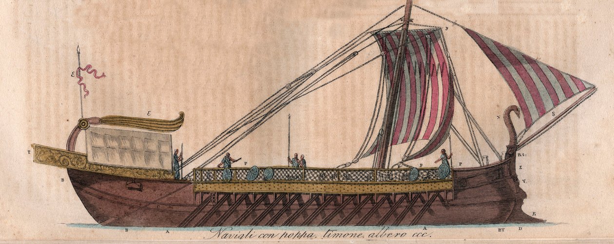 Athéni trireme, Kr.e. 4. század (acrostolium) - Triere ou trireme - metszet az Univerzum összes népének szokásai és hagyományaiból. Ez a kormányzás, a törvények, a milícia és minden nemzet vallásának története a legtávolabbi időktől egészen a alkotó: Italian School