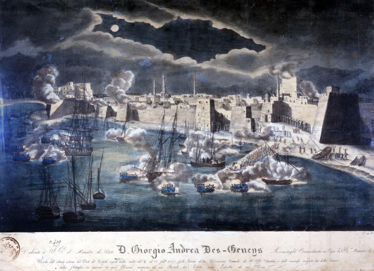 A Szardíniai Haditengerészet támadása Tripoli kikötője ellen a barbár kalózkodás elleni hadműveletek során 1825-ben. alkotó: Italian School