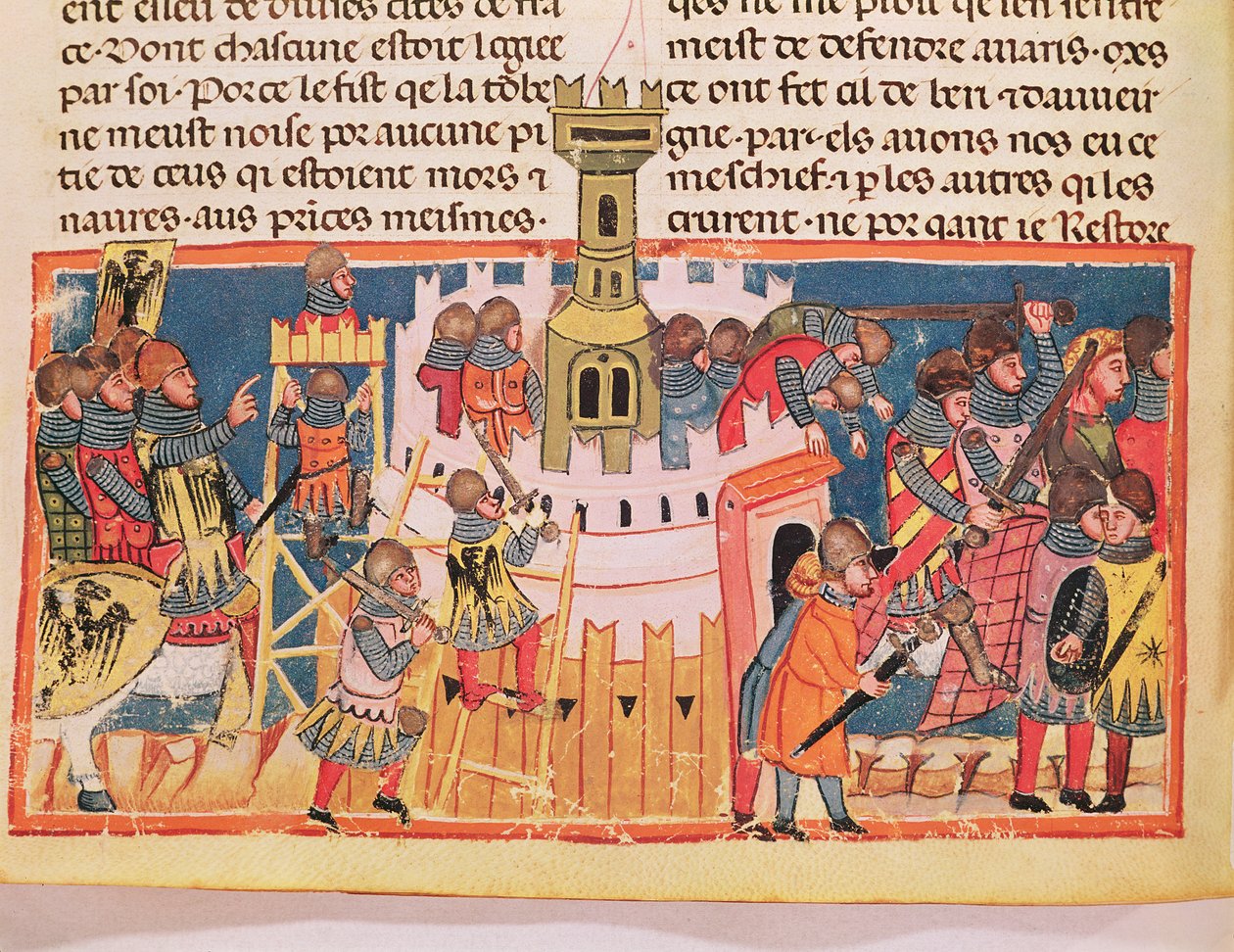 Egy erőd megtámadása, Gaius Suetonius Tranquillus (75-150 körül) "Le Vite di Dodici Cesari" című művéből (pergamen) alkotó: Italian School