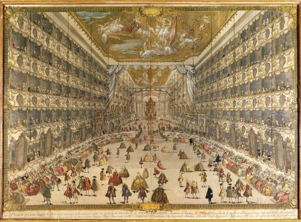 Bál Pietro Leopoldo osztrák főherceg születésének tiszteletére a milánói hercegi színházban 1747. május 28-án (színes metszet) alkotó: Italian School