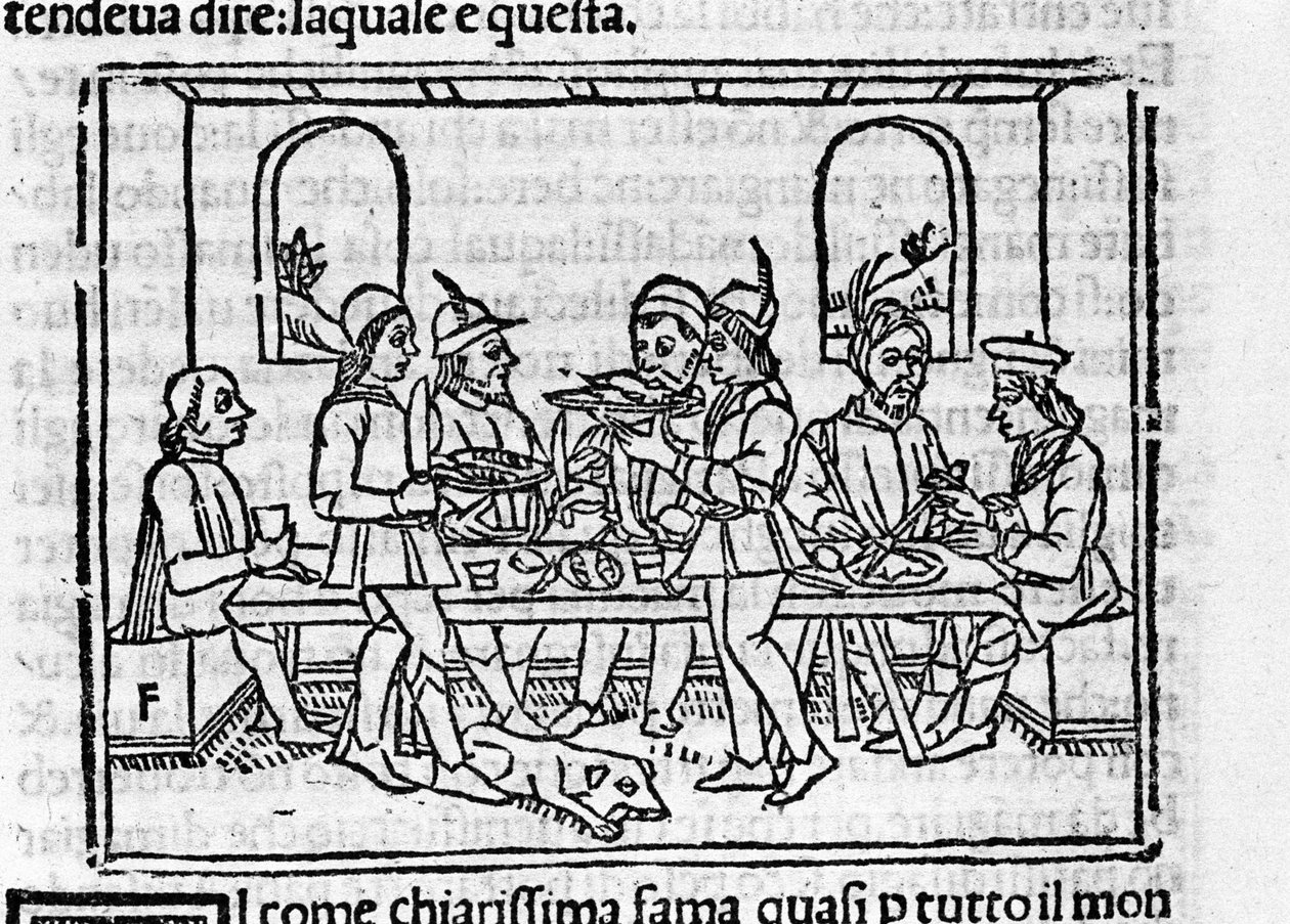 Bankett jelenet a firenzei nemesség tagjainak jelenlétében. Illusztráció a „Dekameronhoz”, Giovanni Boccaccio dit Jean Boccace (1313-1375), olasz író. Metszet „" Decamerone ouer Cento nouelle"" Velence, Bartolomeo de 