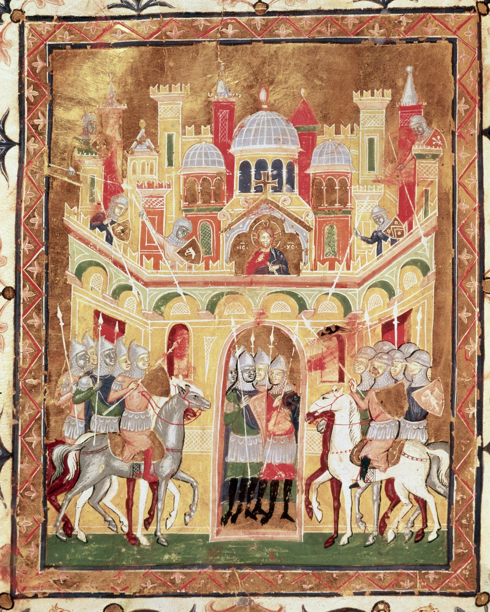 Csatajelenet Jeruzsálem falainál, Burcardus Theutonicus Descriptio Terrae Sanctae-jából vagy Burchard of Mount Sion alkotó: Italian School