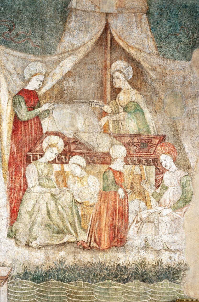 Bicocca degli Arcimboldi: 15. századi freskó, szövetvágás részlete és egy törpe (freskó) alkotó: Italian School