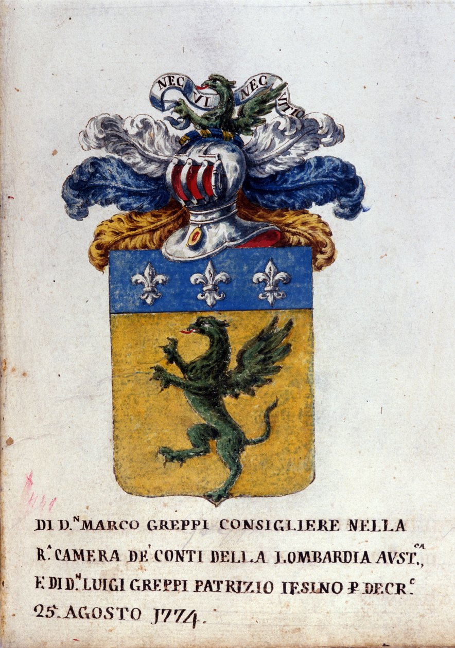 A milánói Greppi család címere, páncélsisak, fleur-de-lis és sárkány. 18. századi Milánói Állami Levéltár alkotó: Italian School