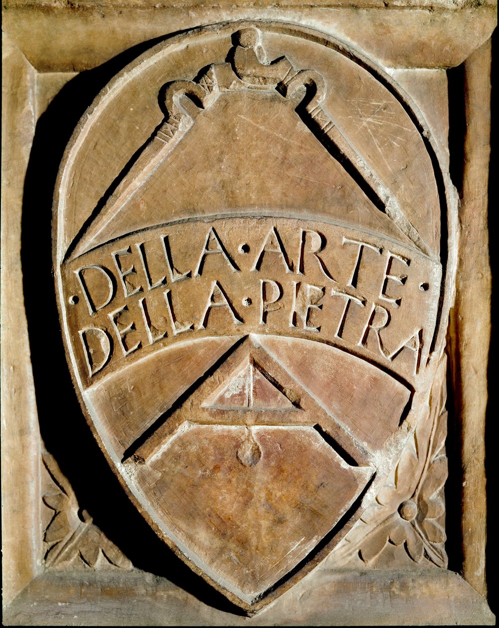 A kőmunkások gyülekezetének lángja. Egy iránytű és egy négyzet látható. 14. századi Siena, Biblioteca degli Intronati alkotó: Italian School