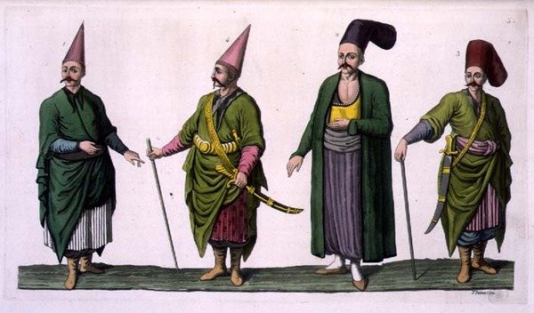 Bostandji, Khasseki és az oszmán viselet egyéb példái, 5. tábla a „Nemzetek története” III. részének I. kötetéből, V. Raineri metszete (akvatinta) alkotó: Italian School