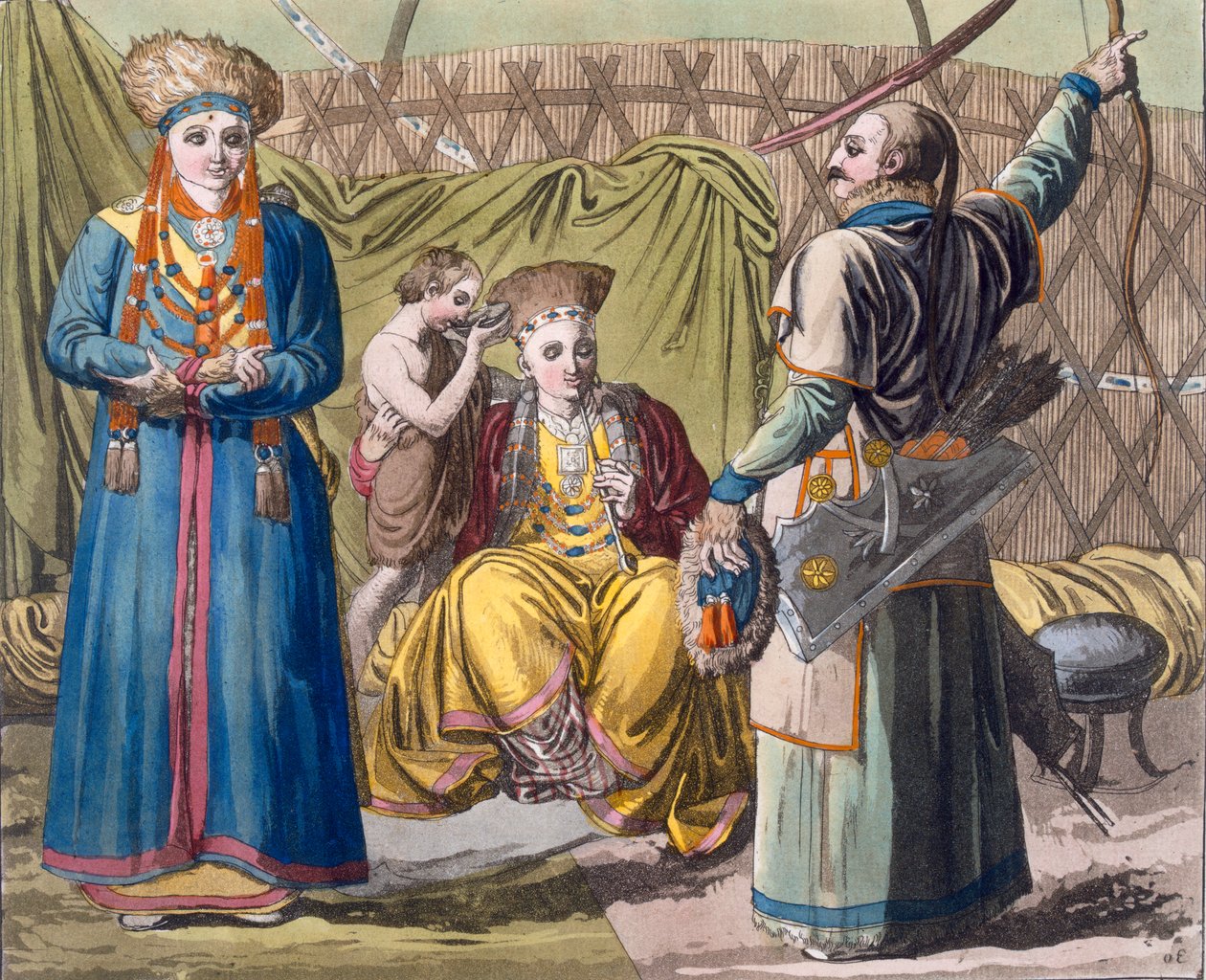 Burját család belső térben, Giulio Ferrario Costume dei... című művéből, 1820-30-as évek (kézzel színezett litó) alkotó: Italian School