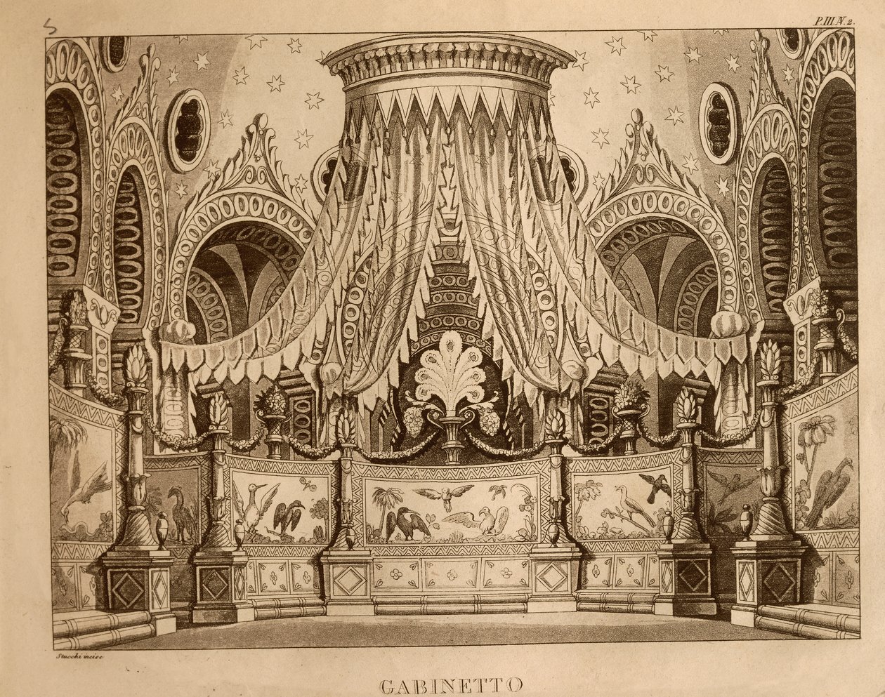 Szekrény, Gioachino Rossini (litho) „Ricciardo és Zoraide” 1. felvonásának díszlete alkotó: Italian School