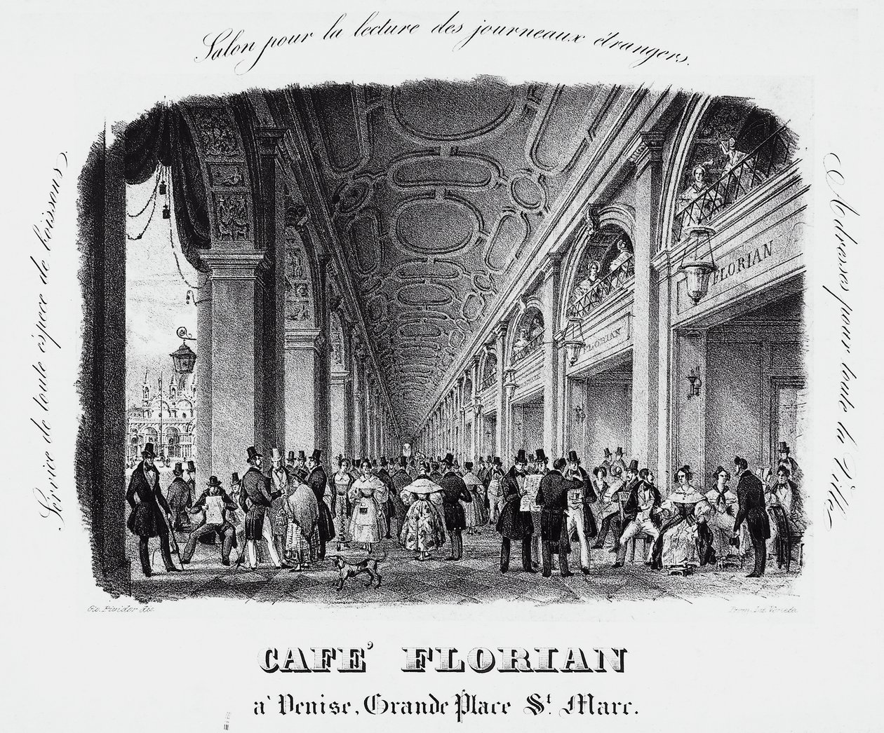 Caffe Florian a velencei San Marco téren, metszet, Olaszország alkotó: Italian School
