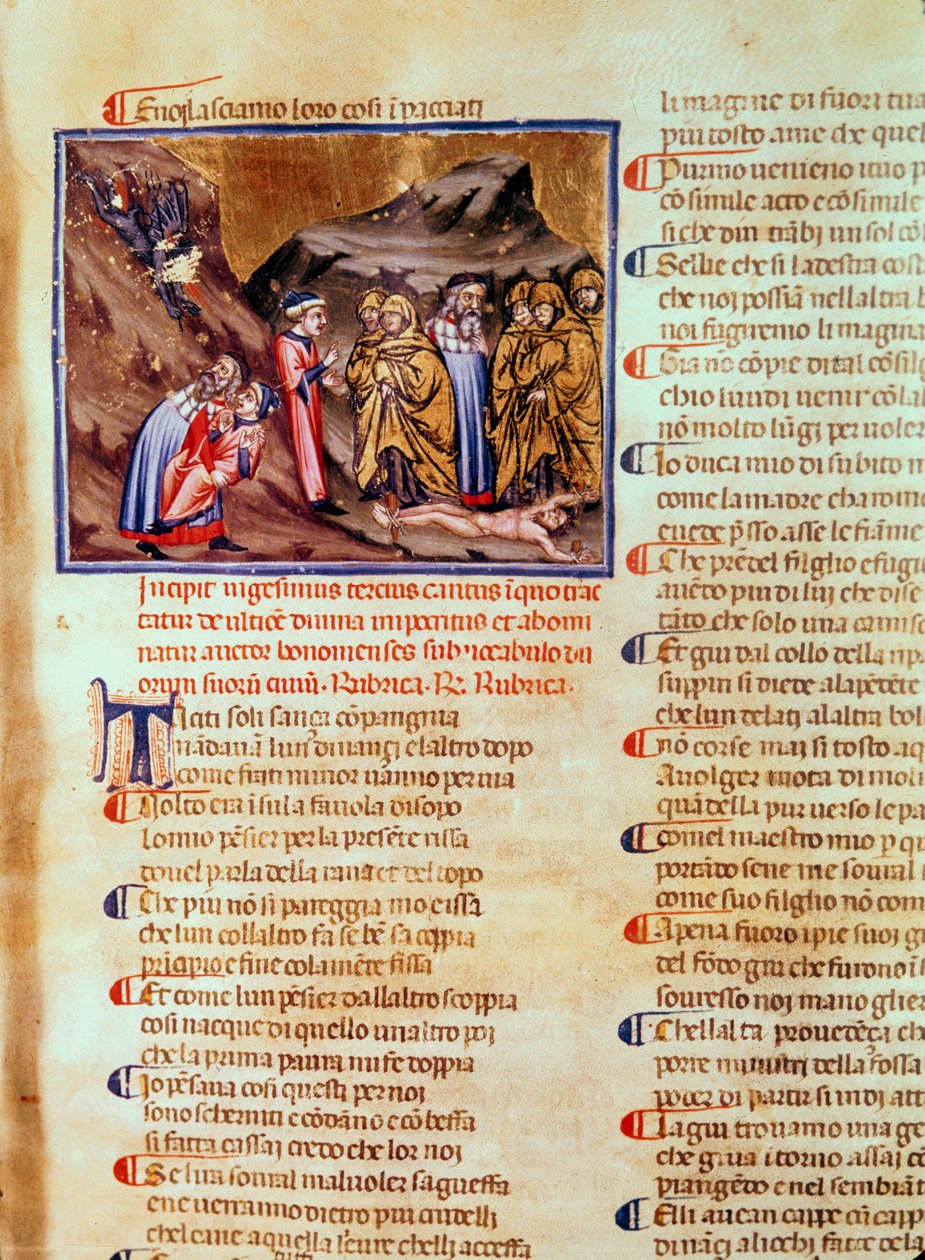 Dante és Vergilius XXIII. éneke a Képmutatók körében, Kaifással a földön keresztre feszítve, az Isteni színjátékból (A pokol), 1313 körül alkotó: Italian School