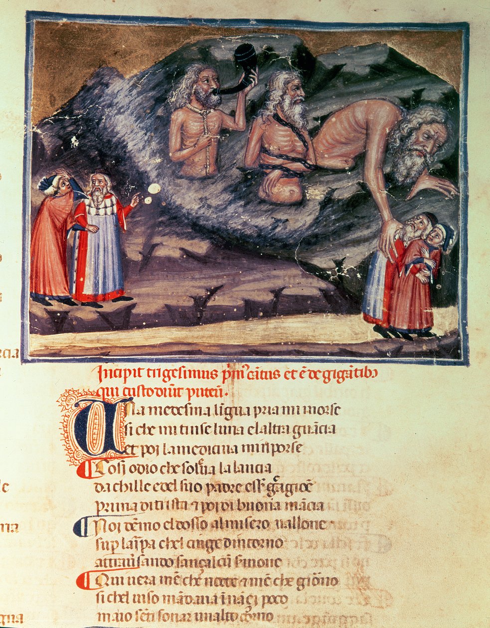 XXXI. ének Dante és Vergilius és a három óriás az elveszett körben, az Isteni színjátékból (a pokol), 1313 körül alkotó: Italian School