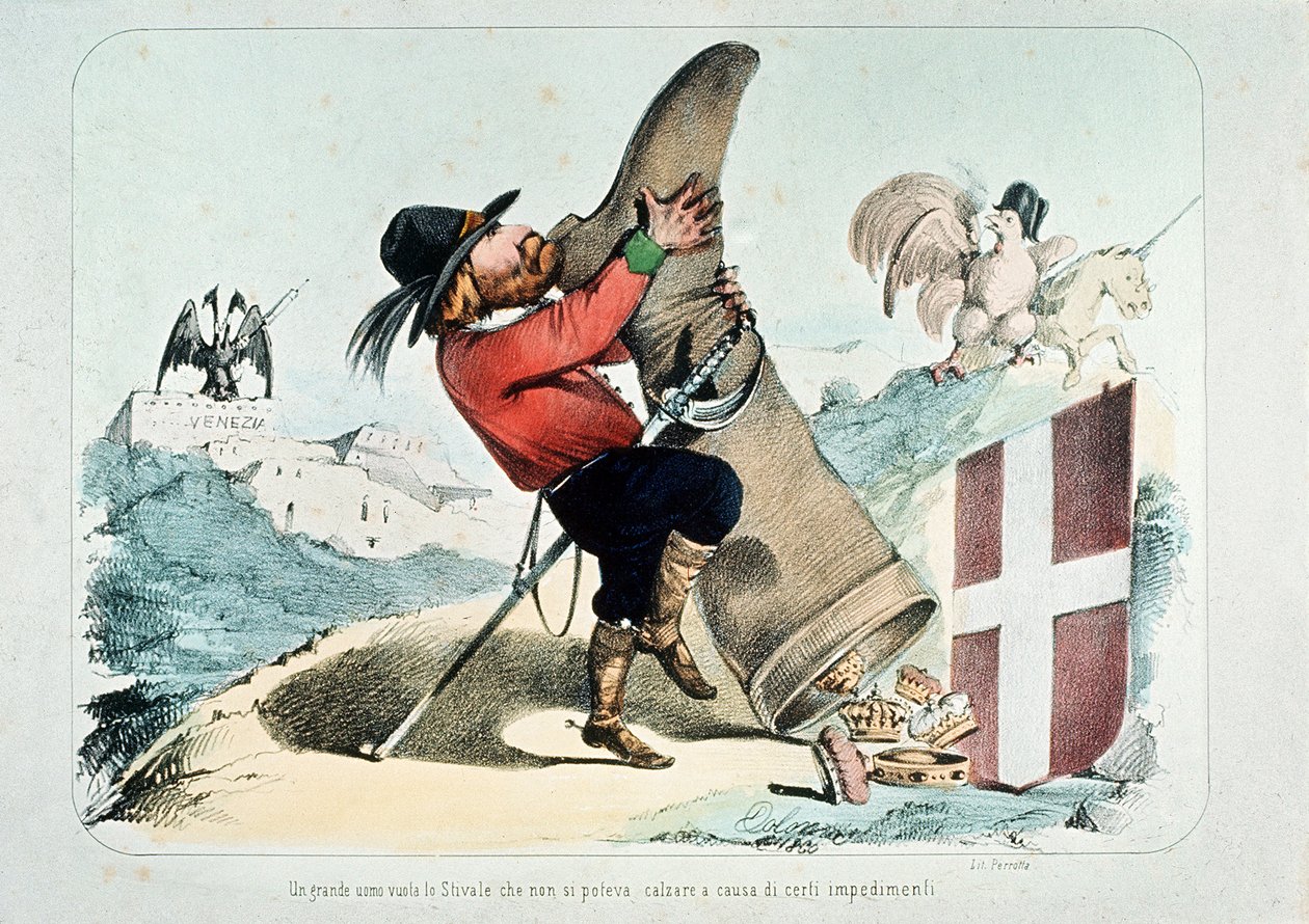 Giuseppe Garibaldi koronákkal teli csizmát kiürítő karikatúrája (Olaszország), Litografia Perrotta alkotó: Italian School