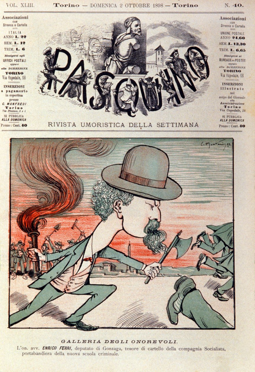 Enrico Ferri (1856-1929) olasz kriminológus és az Olasz Szocialista Párt politikus aktivistájának rajzfilmje. Rajzfilm a „” Pasquino”-ban” október 2 alkotó: Italian School