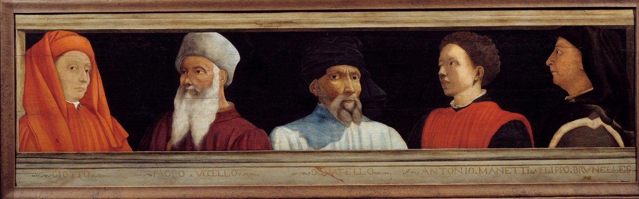 Cassone a firenzei reneszánsz mesterének 5 portréjával (balról jobbra Giotto di Bondone, Paolo Uccello, Niccolo Donatello, Antonio Manetti, Filippo Brunelleschi). századi olasz iskola. Az alábbi felirat valószínűleg sikeres alkotó: Italian School