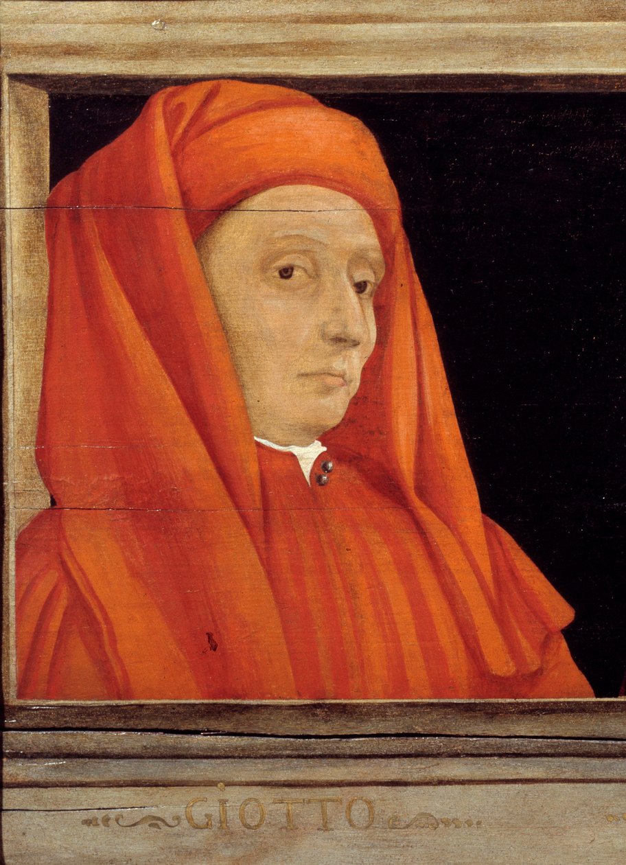 Cassone a firenzei reneszánsz mesterének 5 portréjával, részlet Bondone Ambrogio dit Giotto di Bondone (kb. 1267-1337) portréjával, 16. századi olasz iskola, olaj, fa. Az alábbi felirat valószínűleg egymást követi. Musee d alkotó: Italian School