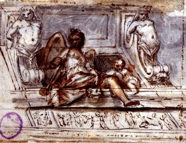 Mennyezeti kialakítás a Zene Múzsájával, 1700 körül (toll és tinta akvarellel papíron) alkotó: Italian School