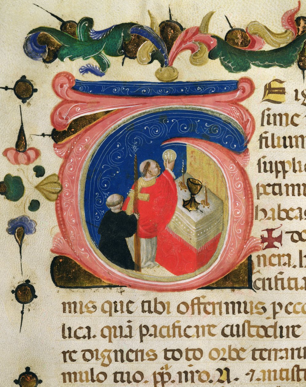 Eucharisztia ünnepe, a Szent Jeromos világi céh egyik Mariegolájából, 1400 körül (tinta és aranylevél pergamen) alkotó: Italian School