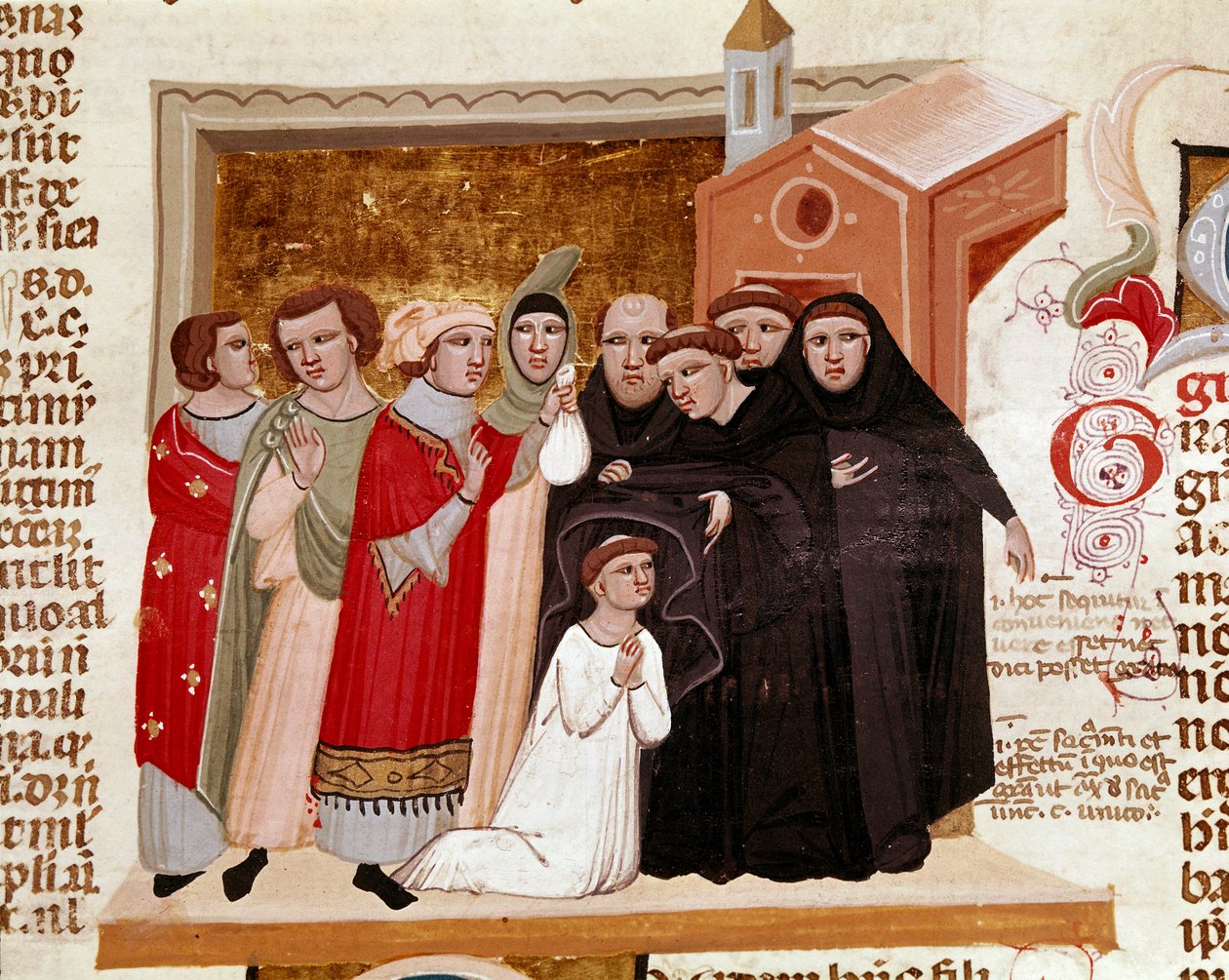 A „Decret de Gratien” („Concordia discordantium canonum” vagy „Decretum Gratiani”) 1140-ből származó miniatűr szerzetes szokásának szertartása, amely a római katolikus egyház törvényeit és kánonjait szabályozza. 14. századi Siena, Biblioteca degli Intronat alkotó: Italian School