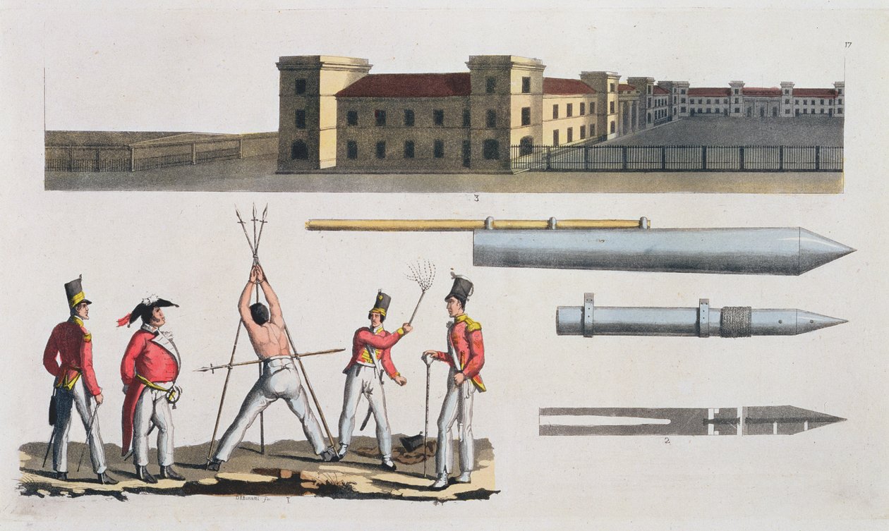 Chatham Barracks, a Triangle és Congreve Rockets nevű katonai büntetés, 17. lemez a Nemzetek története című könyvből (akvatinta) alkotó: Italian School