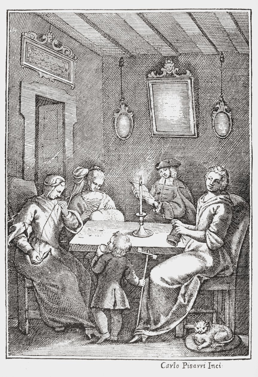 Chiaqlira meséket olvas egy varrópartinak, a The Pentamerone of Giambattista Basile első borítója, 1742 alkotó: Italian School