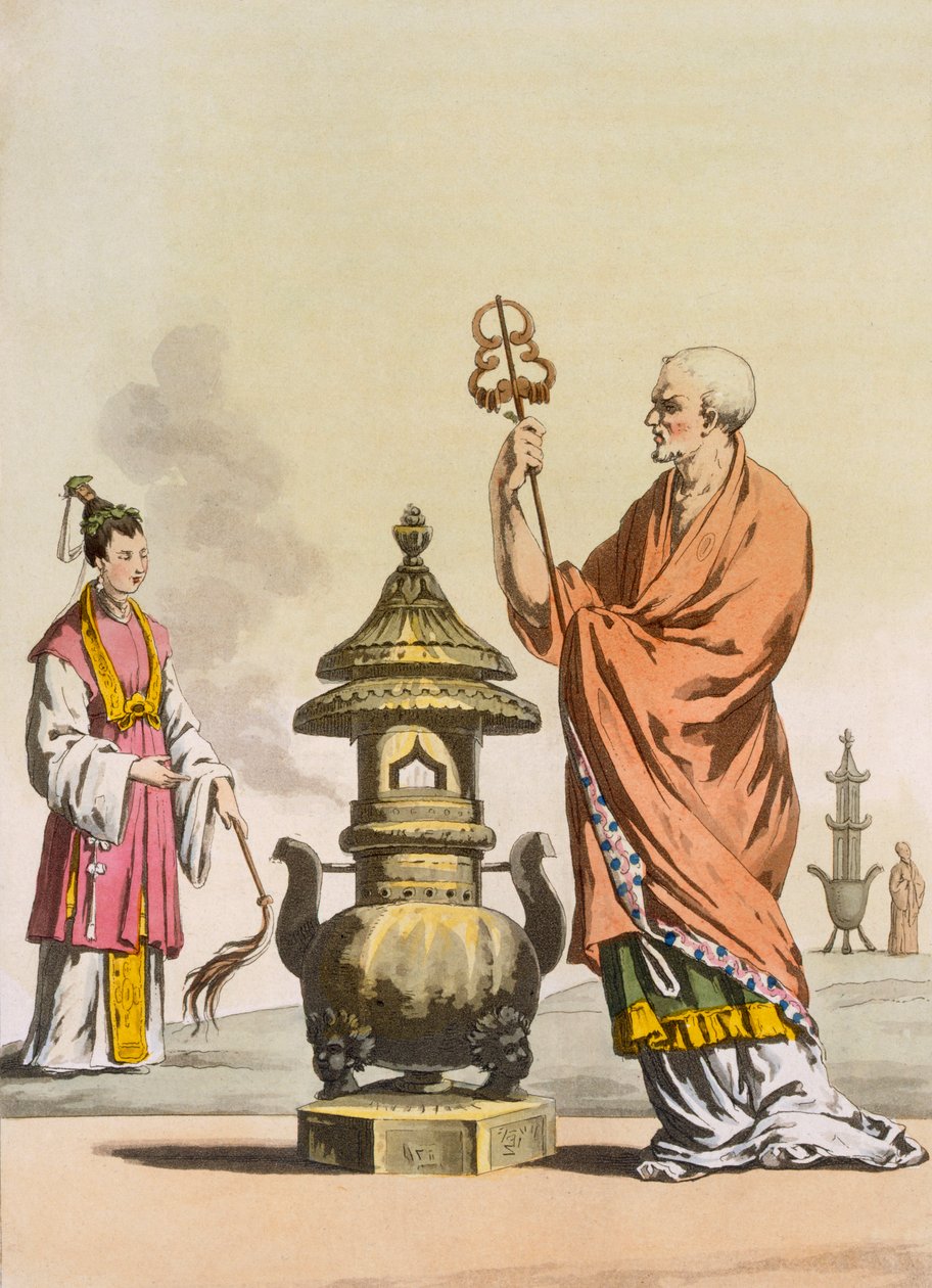 Kínai taoista vallási szokások: bonzó szertartásos köntösben, 1820-30. alkotó: Italian School