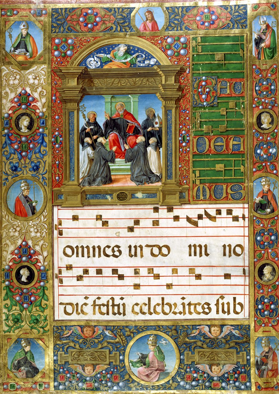 Kórusminiatűr Szent Benedekkel a szerzeteseknek prédikál (pigment pergamen) alkotó: Italian School