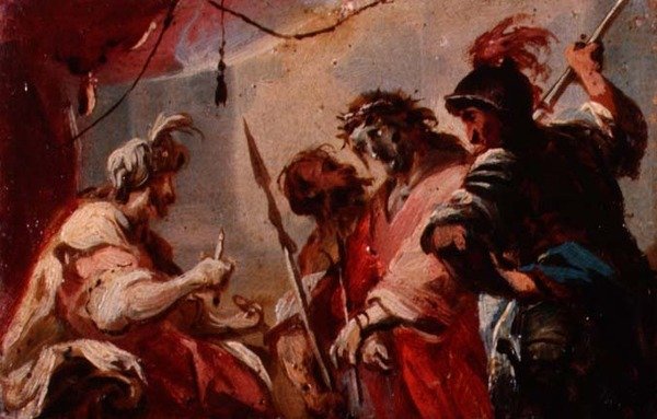 Krisztus Pilátus előtt, 1700 körül (olaj a kártyán) alkotó: Italian School