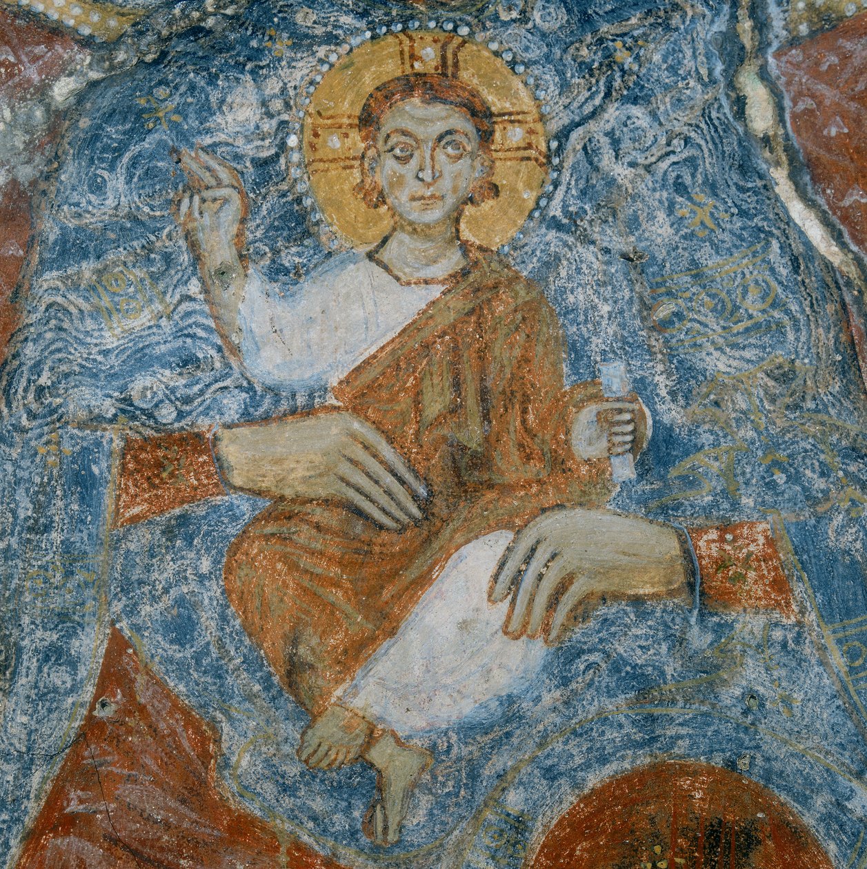 Krisztus, a Madonna és a gyermek freskójának részlete Raffael és Gabriel angyalokkal alkotó: Italian School